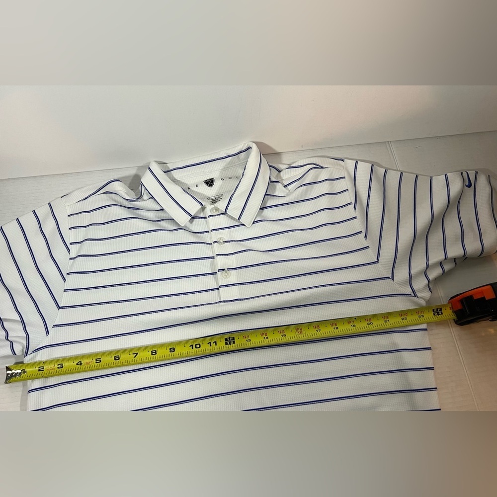 Nike Dri-Fit Men’s L White/Blue Stripe Short Sleeve Golf Polo Sleeve Logo - Picture 9 of 9